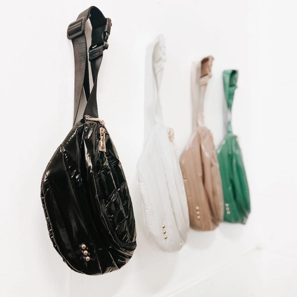 Taupe Shiny Quilted Puffer Bum Sling Crossbody Bag - Picture 3 of 5